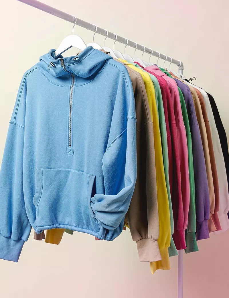 BiBi Stitch Detailed Elastic Hem Half Zip Fleece Hoodie Blue | Hoodies Daverri Fashions