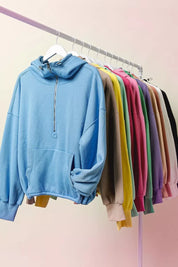 BiBi Stitch Detailed Elastic Hem Half Zip Fleece Hoodie Blue | Hoodies Daverri Fashions