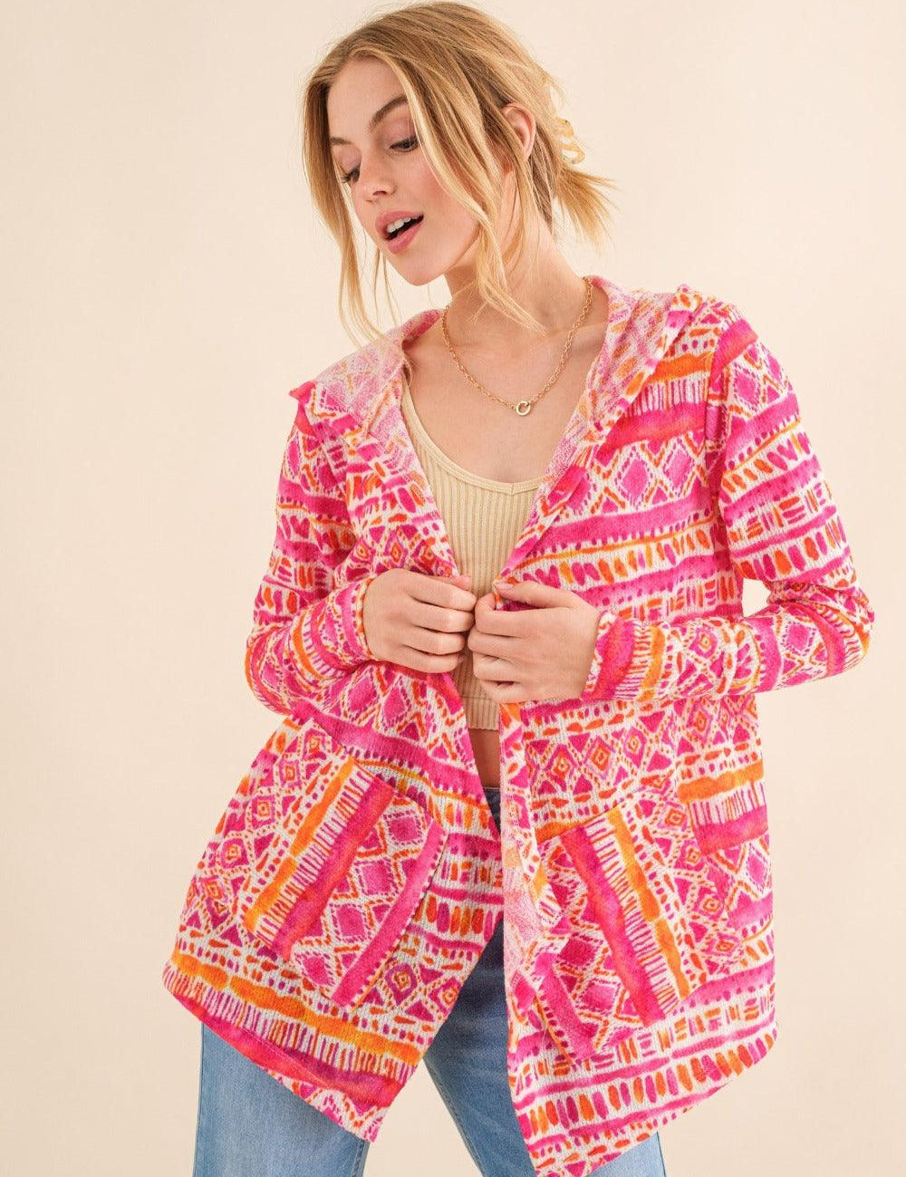 Coral Multi And The Why Full Size Printed Thermal Hooded Open Front Cardigan | Cardigans Daverri Fashions