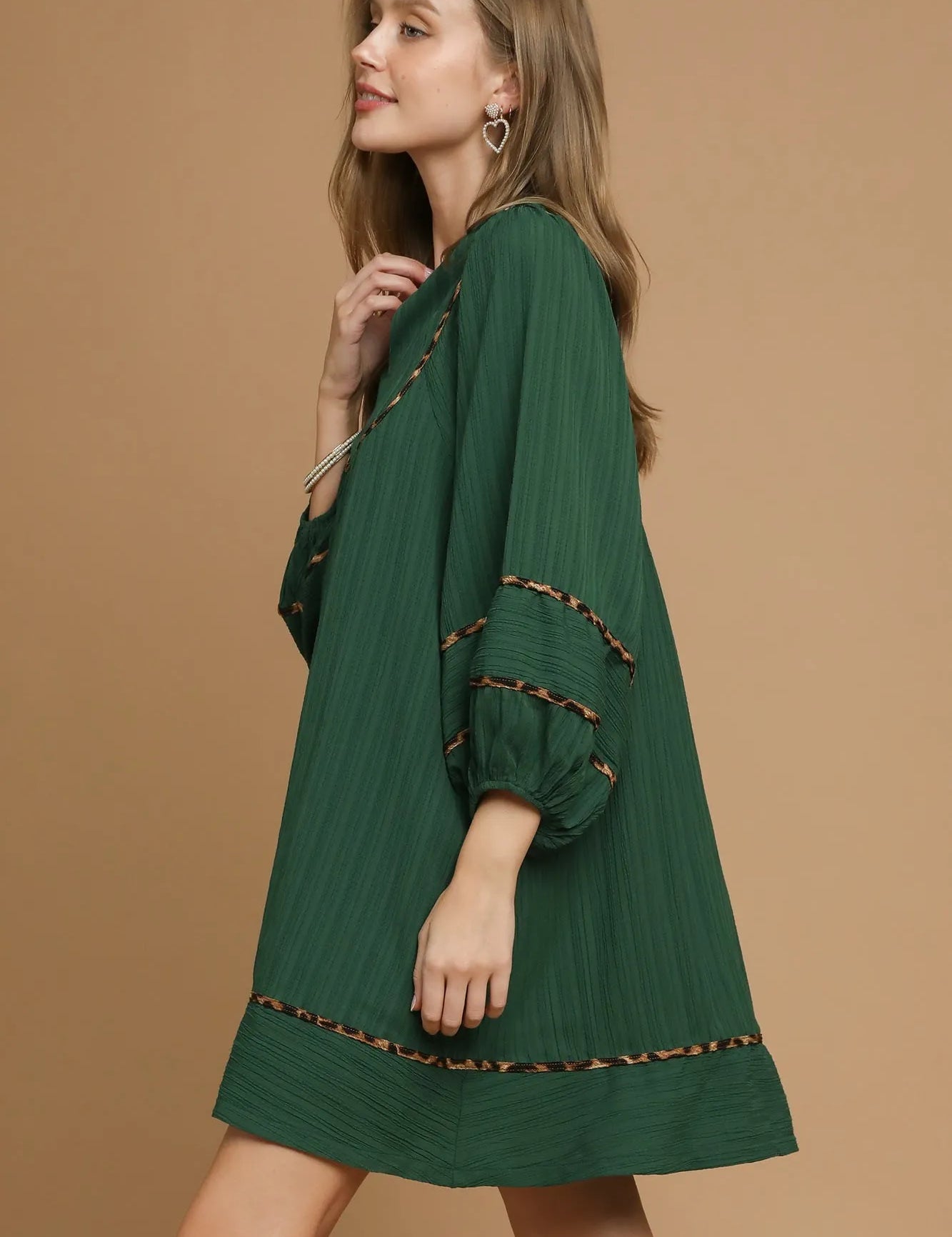 Umgee Textured Babydoll Dress with Leopard Trim | Daverri Fashions