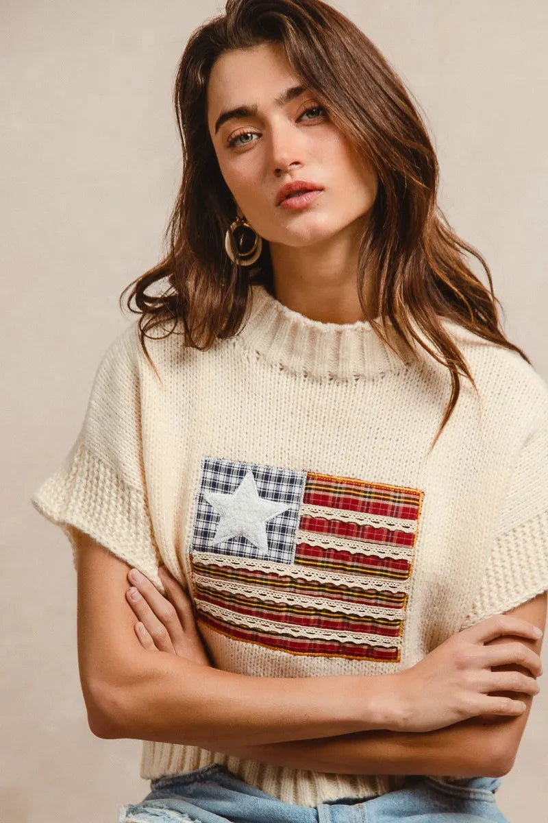 BiBi American Flag Patchwork Drop Shoulder Sweater | Sweaters Daverri Fashions