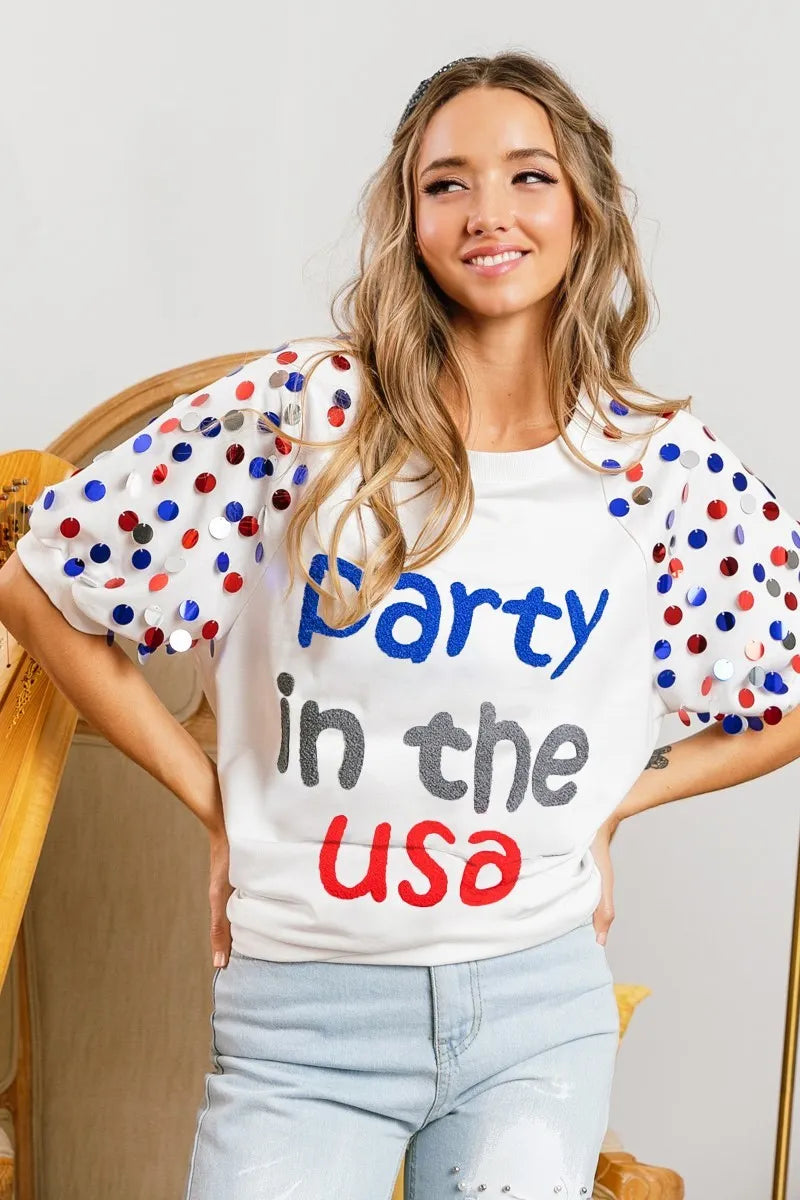 BiBi Party In The Usa Spangle Puff Sleeves Top | Tops Daverri Fashions
