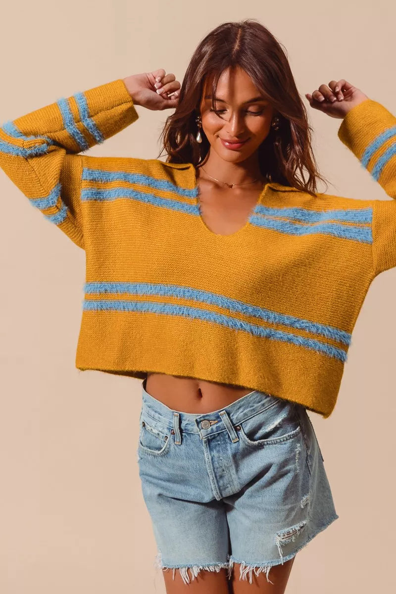 SO ME Fuzzy Hairy Stripe Deep U Neck Swetaer | Sweaters Daverri Fashions