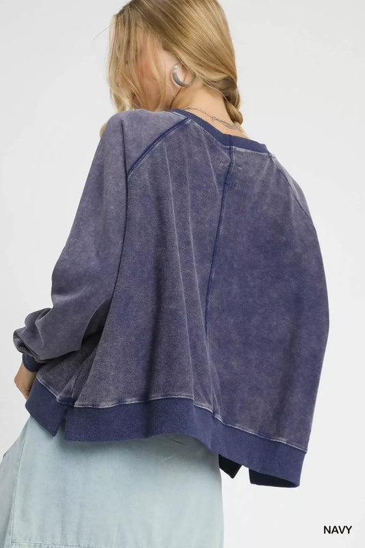 Umgee Mineral Wash French Terry Sweatshirt - DAVERRI FASHIONS