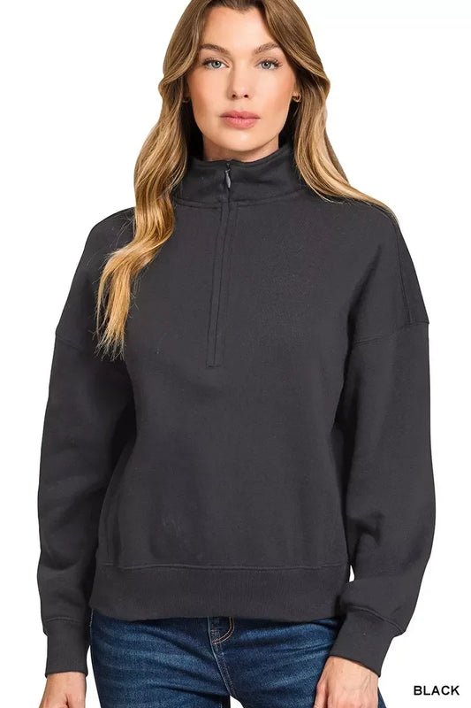 Zenana Fleece High Neck Half Zip Sweatshirt Black - DAVERRI FASHIONS