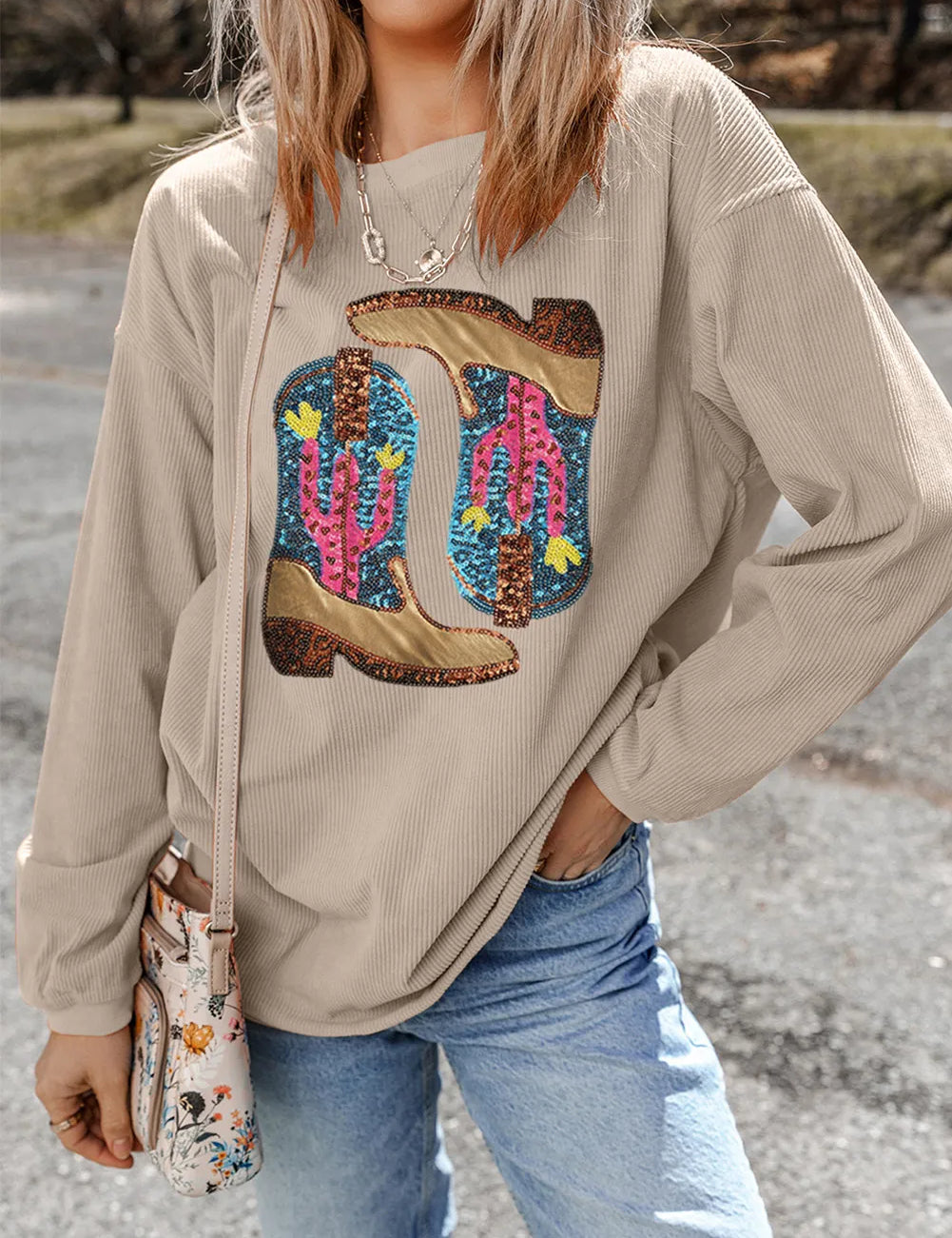 Dust Storm Full Size Sequin Boots Round Neck Long Sleeve Sweatshirt | Sweatshirts Daverri Fashions