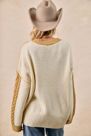 BiBi Cable Knit With Hacci Combo Sweater With Uneven Hem Detail | Sweaters Daverri Fashions