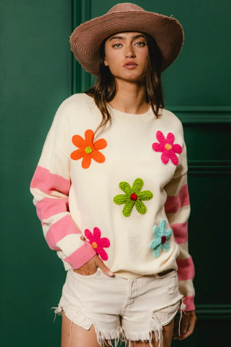 BiBi Colorful Floral Patched Sweater with Striped Sleeve | Sweaters Daverri Fashions