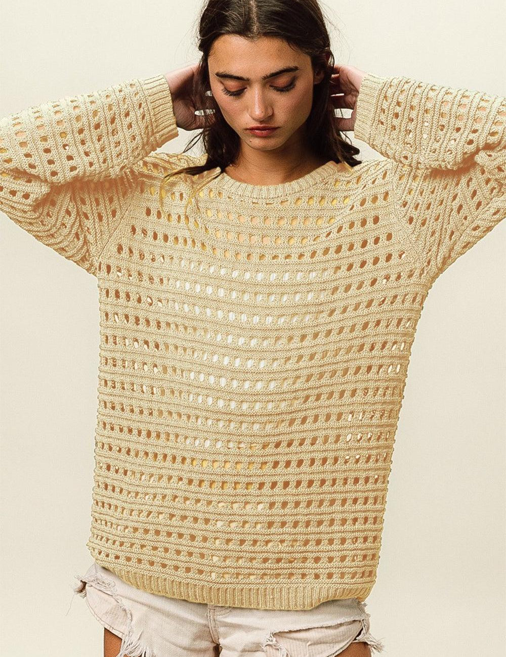 Oatmeal BiBi Round Neck Openwork Knit Cover Up | Cover-Ups Daverri Fashions