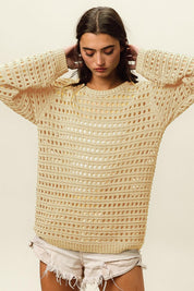 Oatmeal BiBi Round Neck Openwork Knit Cover Up | Cover-Ups Daverri Fashions