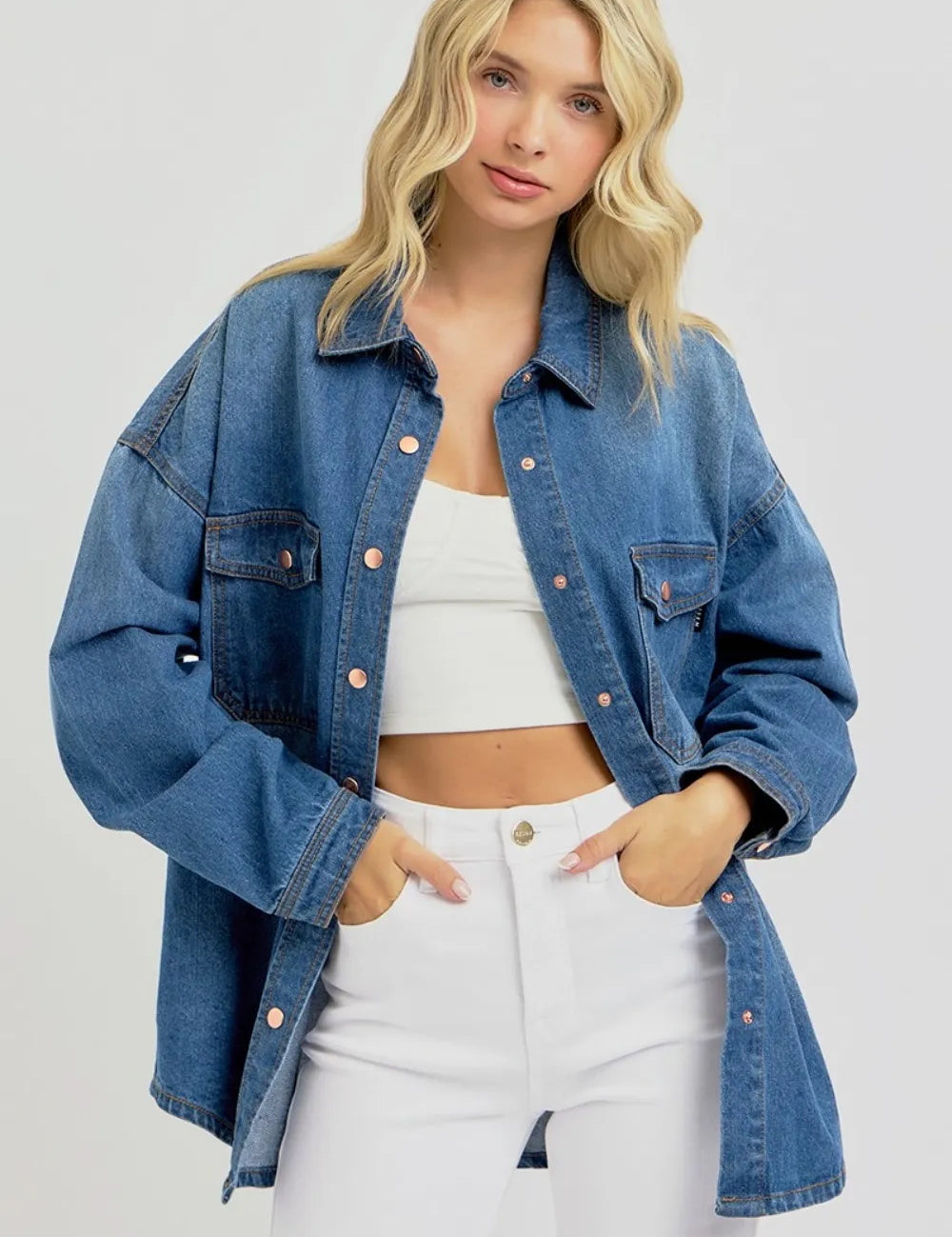 Dark RISEN Full Size Snap Down Long Sleeve Denim Shacket | Shackets Daverri Fashions