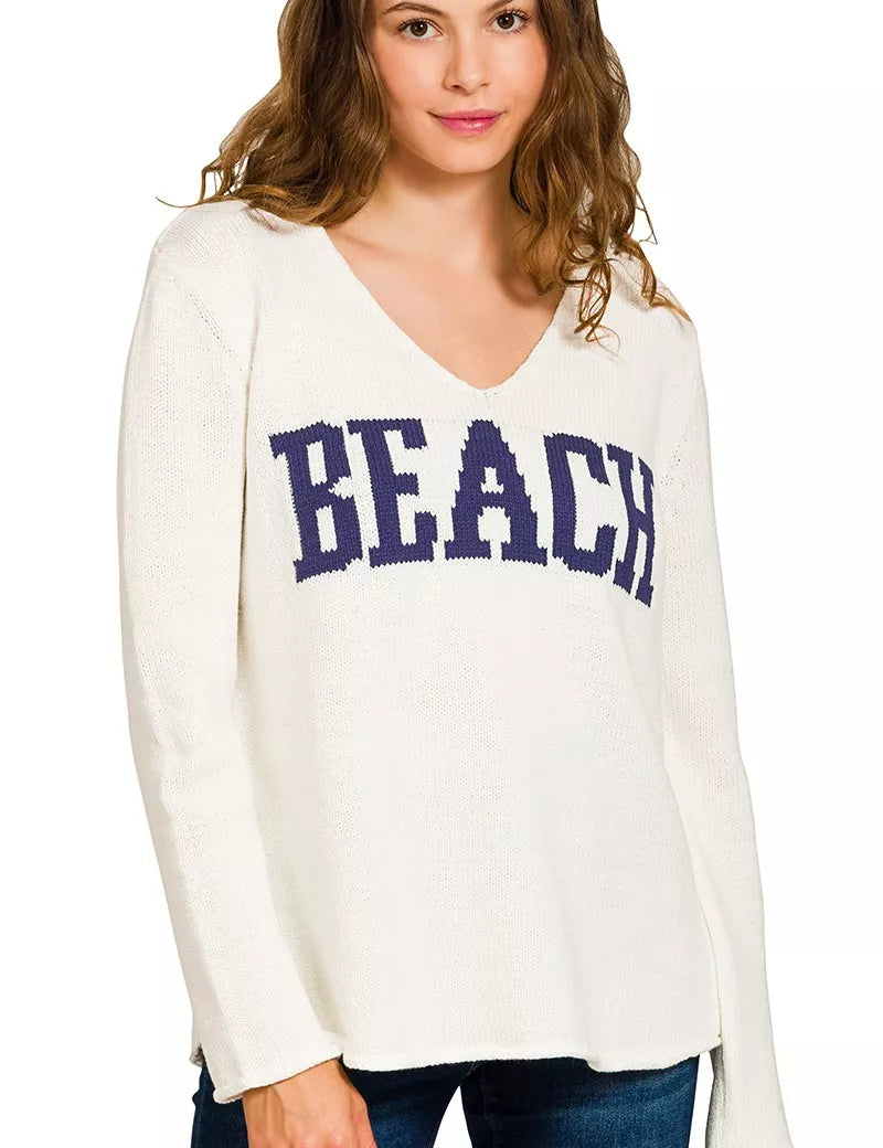 IVORY Zenana Beach V Neck Sweater | Sweaters Daverri Fashions