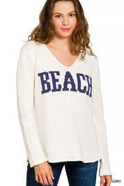 IVORY Zenana Beach V Neck Sweater | Sweaters Daverri Fashions