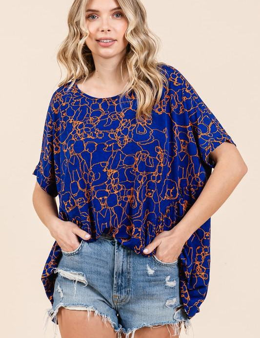 Dark Blue Mittoshop Abstract Print Round Neck Short Sleeve Top | Tops Daverri Fashions