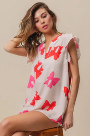 BiBi Bow Printed Woven Ruffled Sleeves V Neck Top | Tops Daverri Fashions