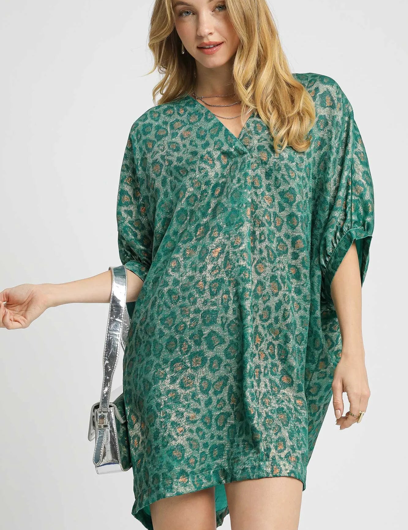 TEAL Umgee Metallic Leopard Print V-Neck Kimono Dress | Daverri Fashions