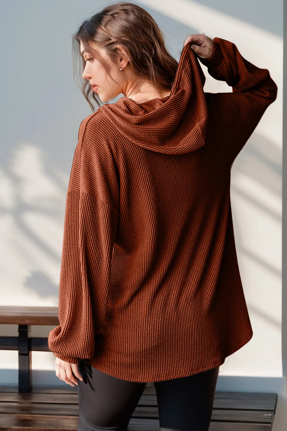 Double Take Full Size Half Button Long Sleeve Hoodie | Hoodies Daverri Fashions
