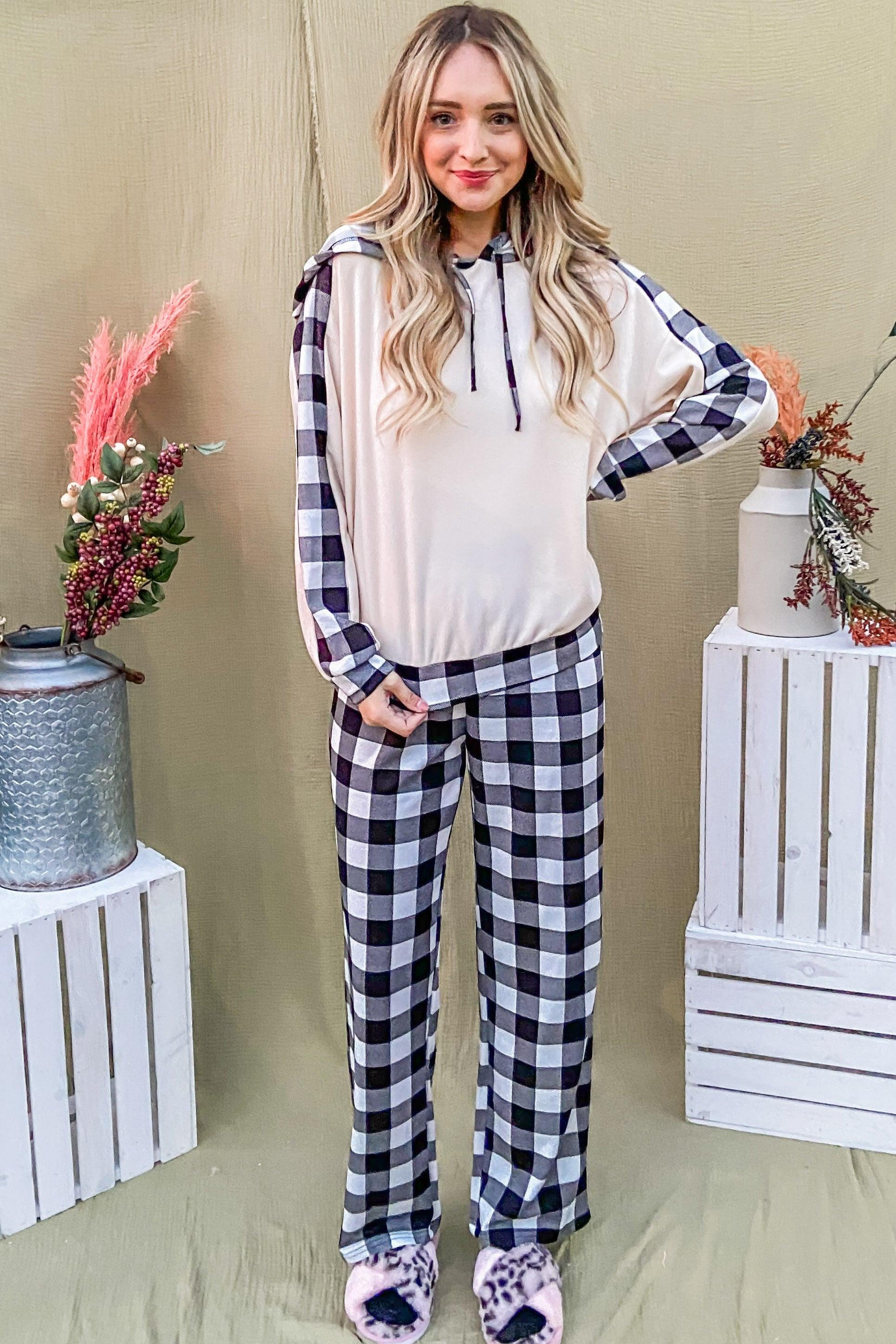 And The Why Drawstring Hooded Top and Plaid Pants Lounge Set | Outfit Sets Daverri Fashions