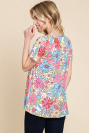 BOMBOM Floral Short Sleeve T-Shirt | Daverri Fashions