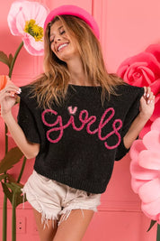 BiBi Metallic Letter Short Puff Sleeve Hairy Sweater | Sweaters Daverri Fashions