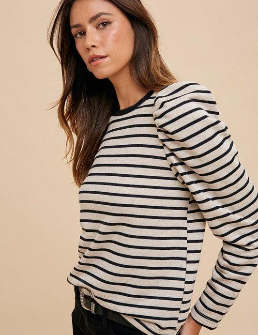 Annie Wear Striped Round Neck Puff Sleeve French Terry Top | Tops Daverri Fashions