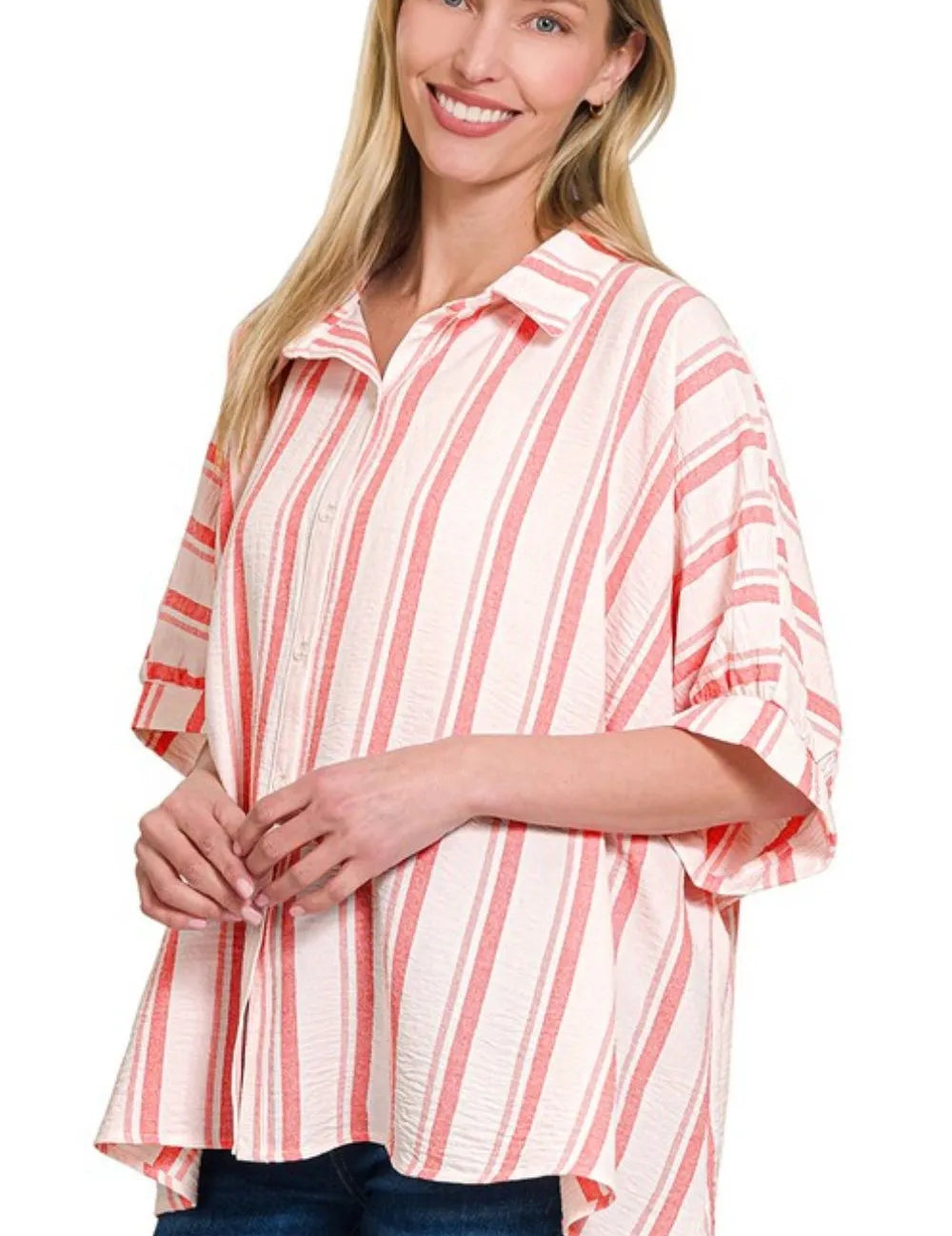 Zenana Woven Yarn-Dye Stripe Oversized Button Down Shirt | Daverri Fashions