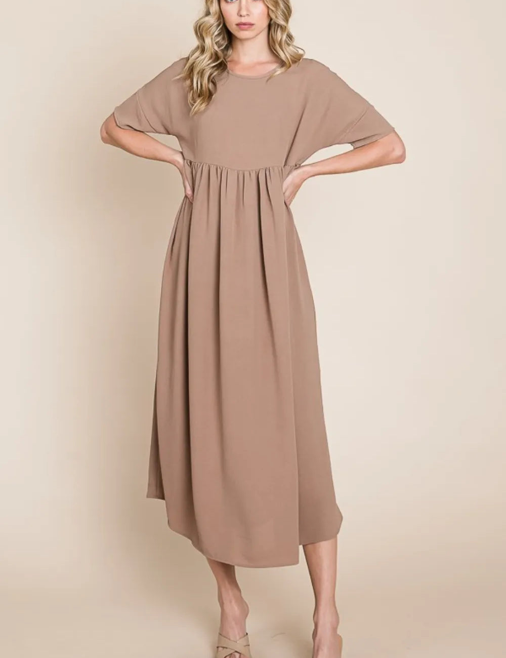 Mocha BOMBOM Round Neck Ruched Midi Dress | Daverri Fashions