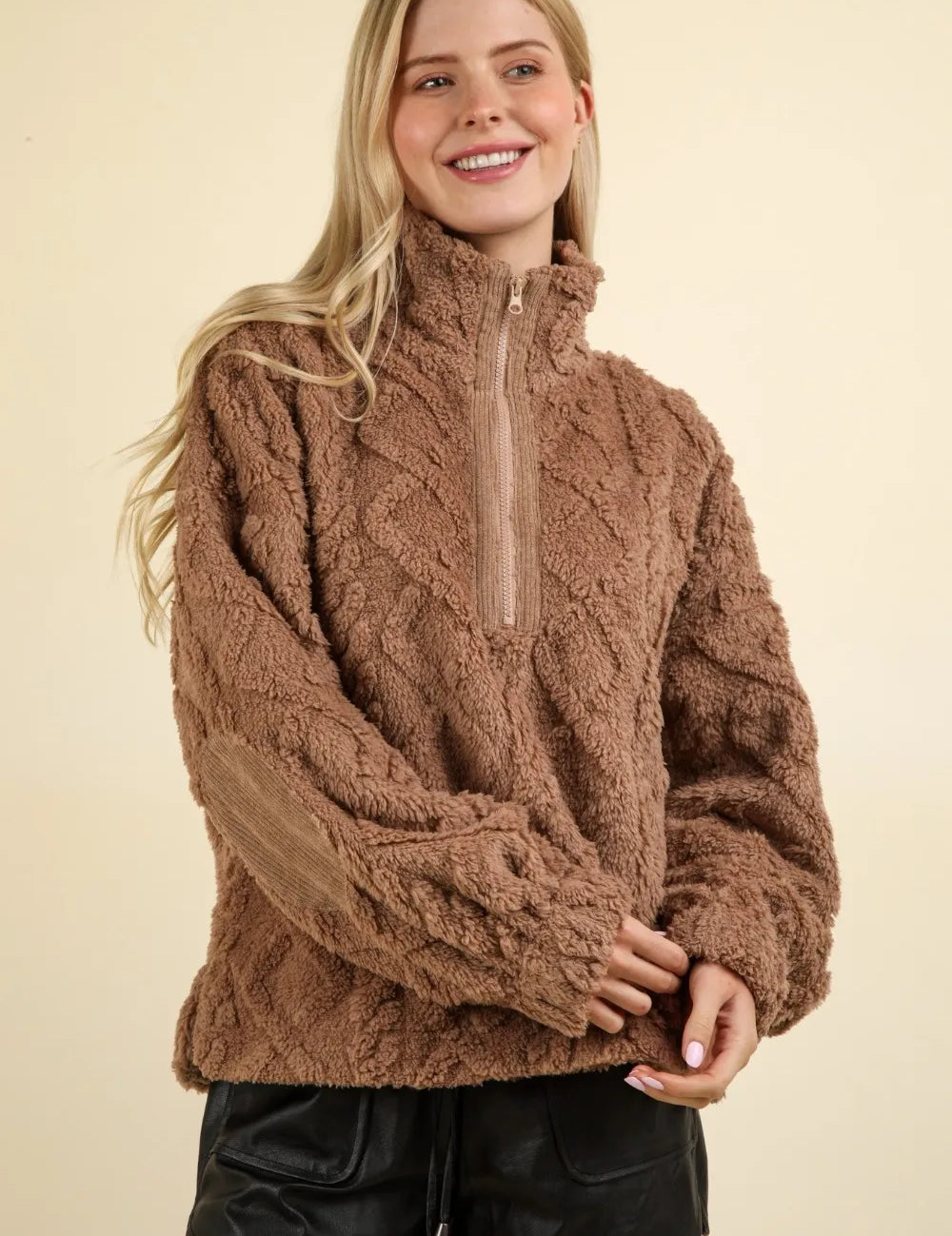 Mocha S VERY J Fuzzy Fleece Half Zip Cable Pattern Sweatshirt Mocha | Sweatshirts Daverri Fashions