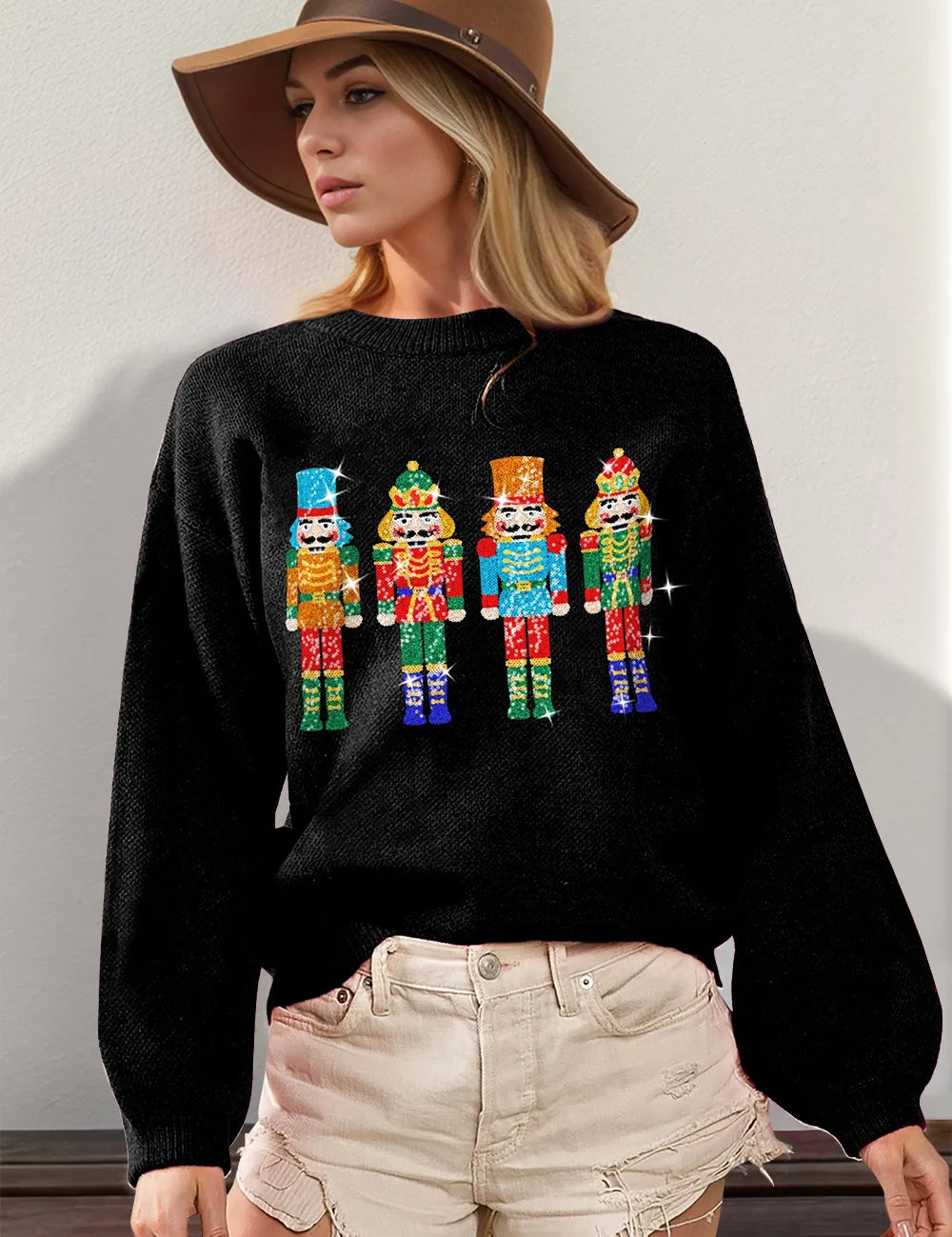 Black Double Take Full Size Sequin Nutcracker Long Sleeve Sweater | Sweaters Daverri Fashions