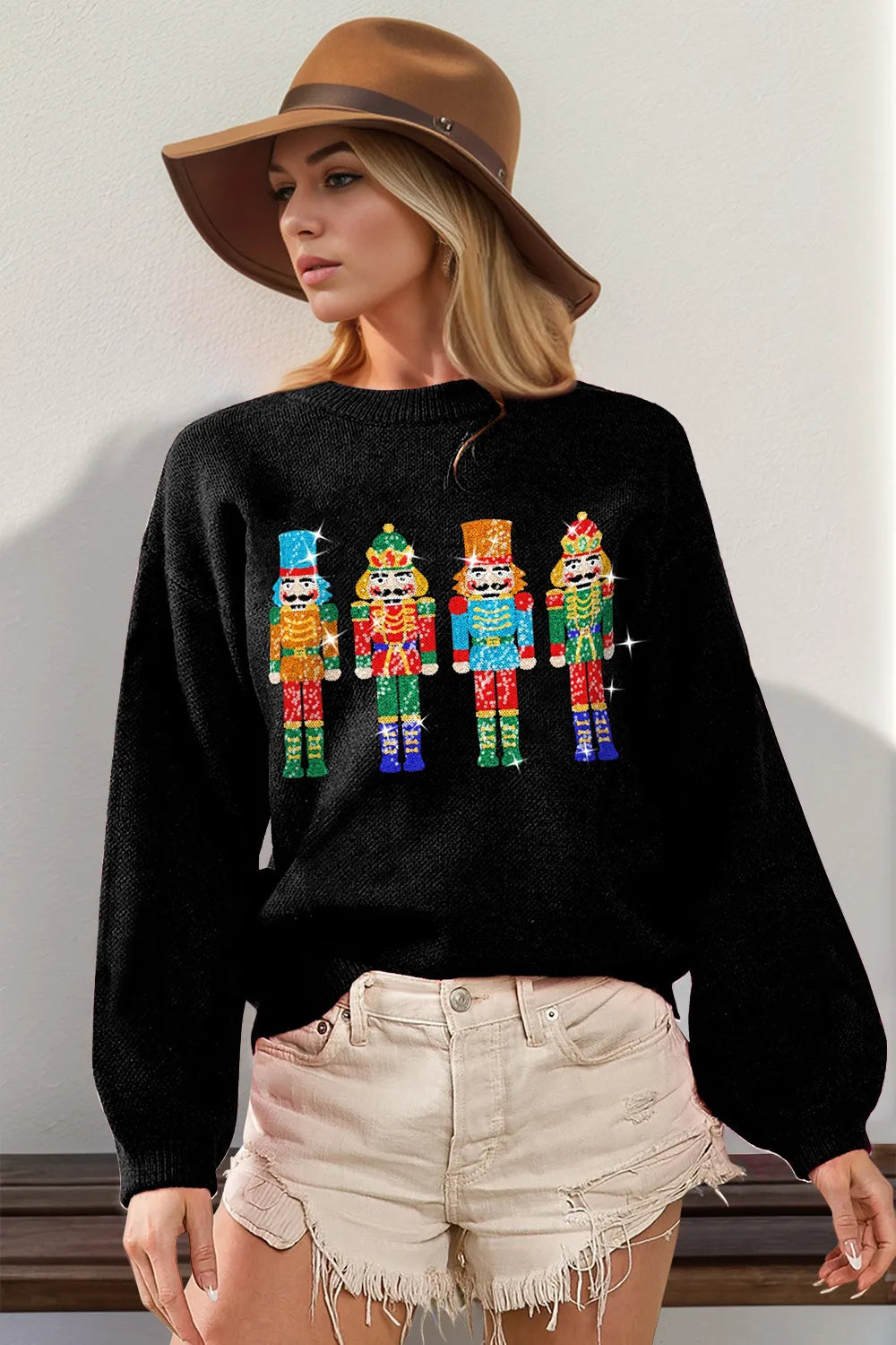 Black Double Take Full Size Sequin Nutcracker Long Sleeve Sweater | Sweaters Daverri Fashions
