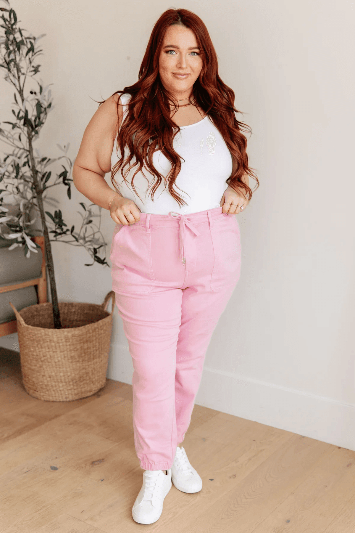 High Rise Pink Denim Joggers | Denim Joggers Daverri Fashions