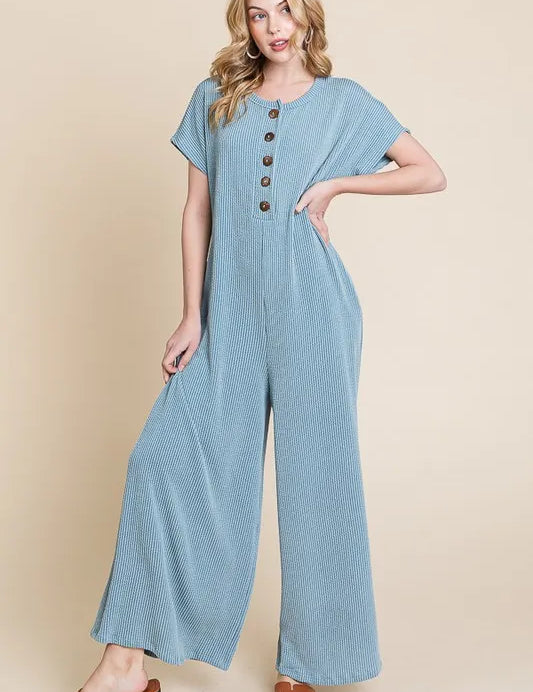 DENIM XL BOMBOM Rib Knit Jumpsuit with Button Detail | Jumpsuits Daverri Fashions