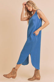 Peacock Blue Aemi + Co Round Neck Midi Tank Dress with Pockets | Tank Dresses Daverri Fashions