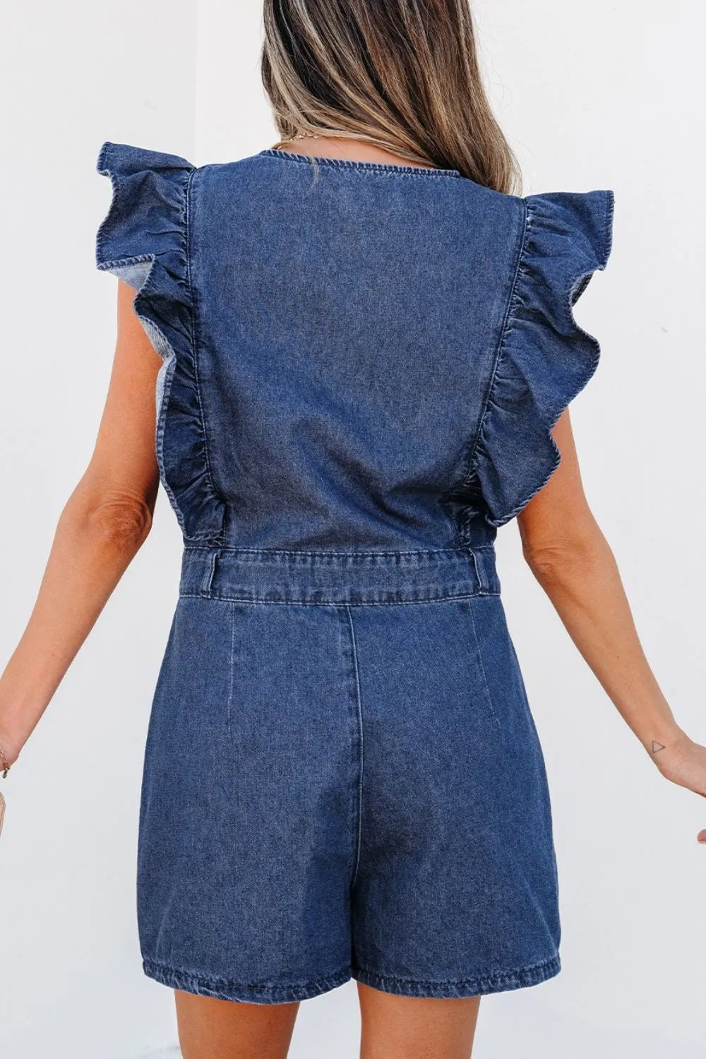 Denim Ruffled Zipped Front Belted Romper | Rompers Daverri Fashions