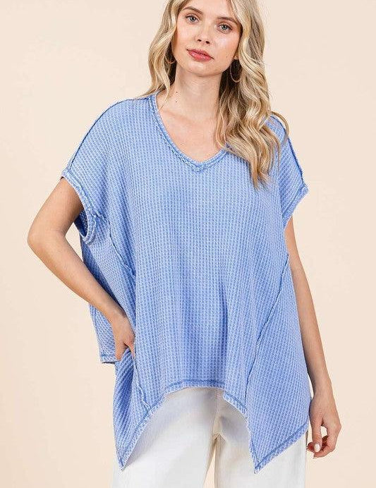 Light Blue Mittoshop Mineral Wash Waffle Knit Pointed Hem Oversized Top | Tops Daverri Fashions