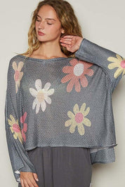 POL Flower Dropped Shoulder Long Sleeve Knit Top | Tops Daverri Fashions