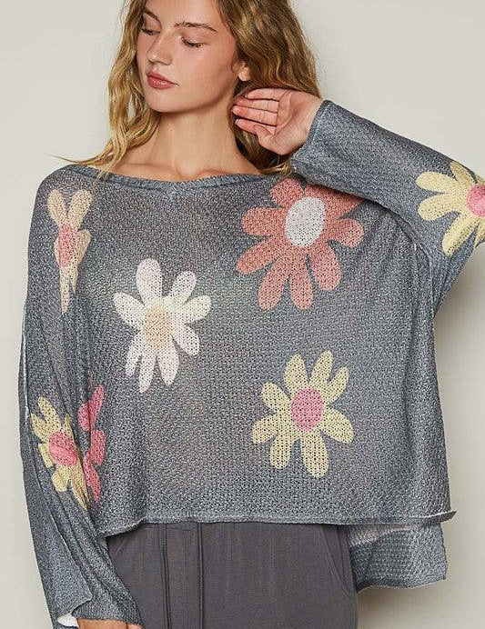POL Flower Dropped Shoulder Long Sleeve Knit Top | Tops Daverri Fashions