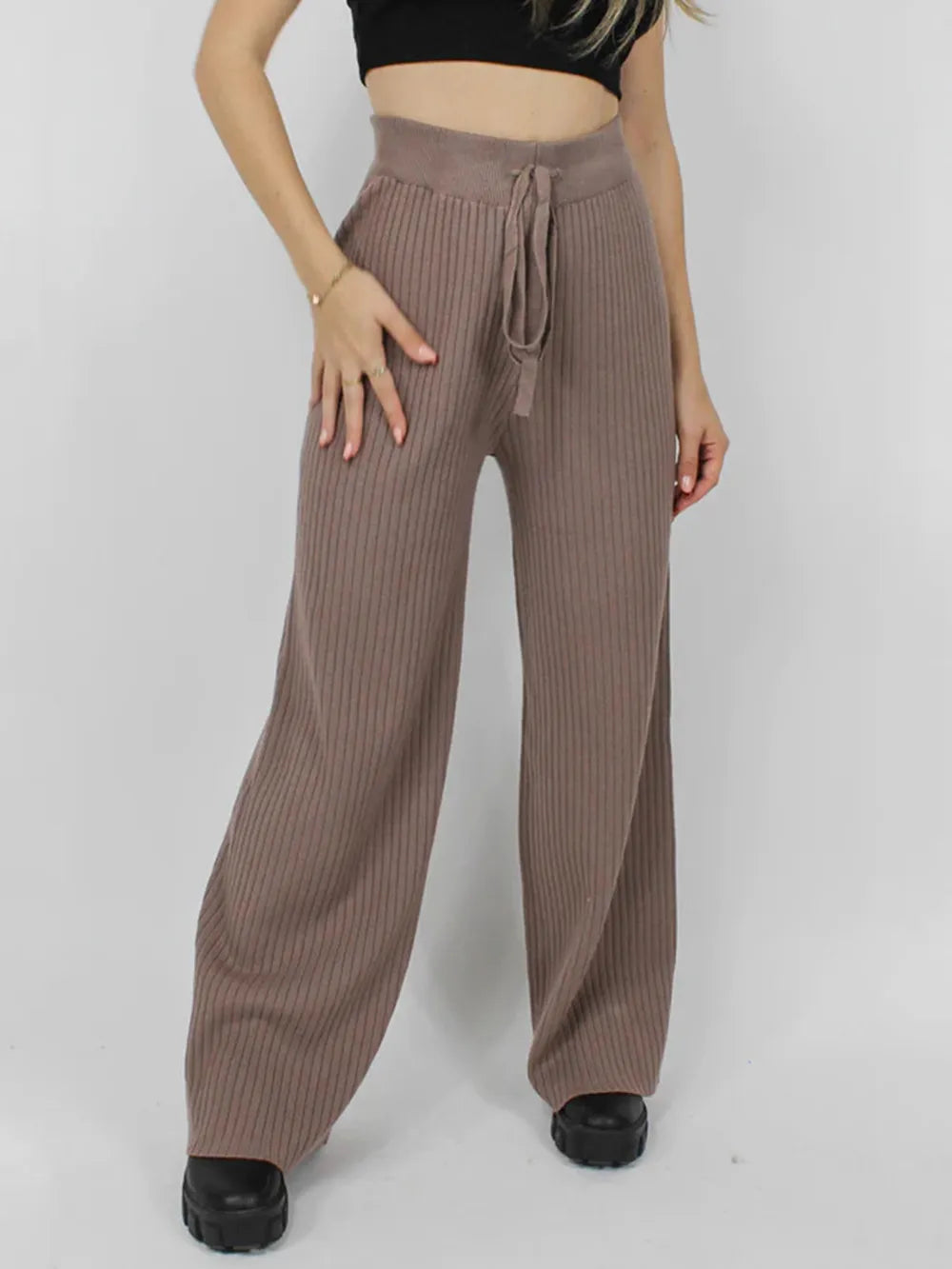 Taupe Ribbed Wide Leg Sweater Pants | Bottoms Daverri Fashions