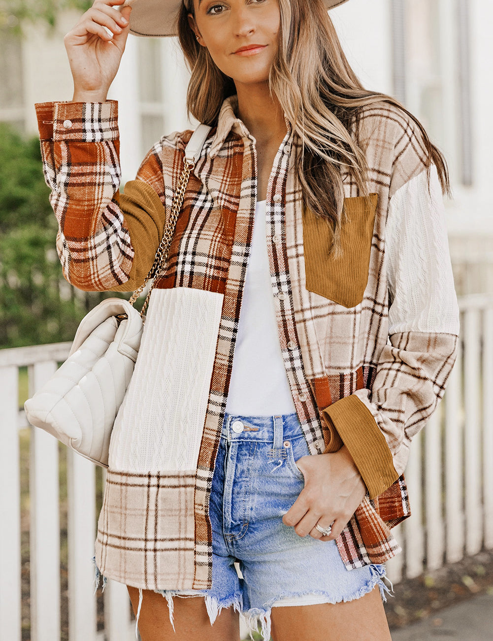 Orange 100%Polyester Orange Plaid Color Block Patchwork Shirt Jacket with Pocket | Shackets Daverri Fashions