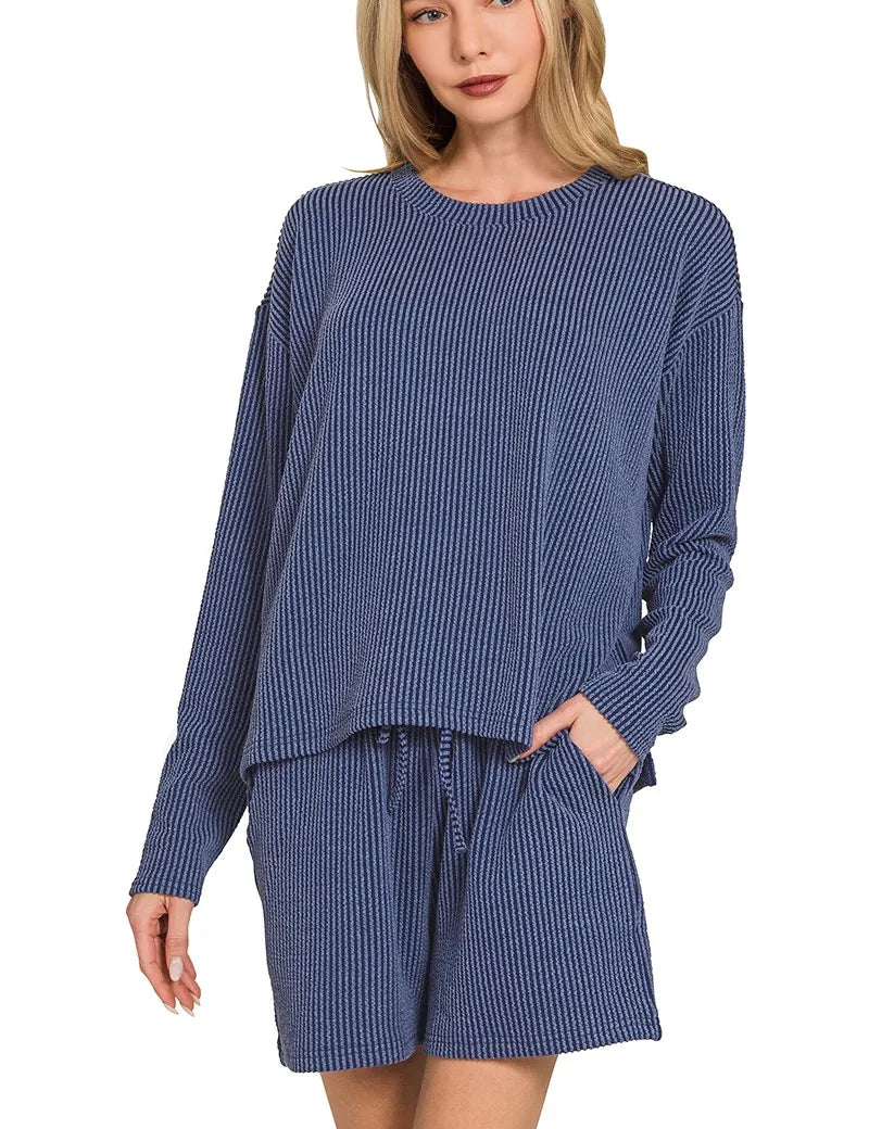 NAVY Zenana Corded Rib Long Sleeve Tee and Shorts Set | Loungewear Sets Daverri Fashions