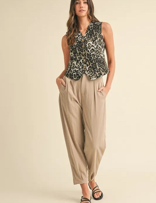 Annie Wear Stretch Leopard Denim Button Down Vest | Daverri Fashions