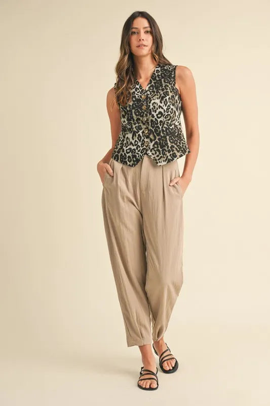 Annie Wear Stretch Leopard Denim Button Down Vest | Daverri Fashions