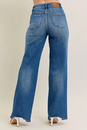 Judy Blue Full Size High Waist Tummy Control Chew Hem Destroy Wide Jeans Plus Size | Jeans Daverri Fashions