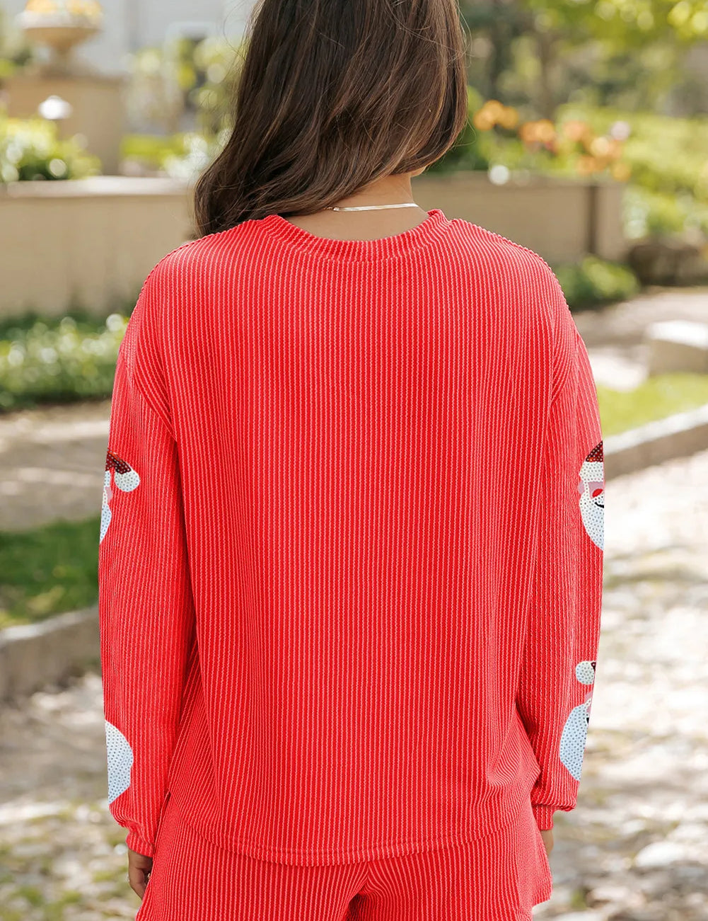 Sequin Santa Round Neck Long Sleeve Top and Shorts Set | Daverri Fashions