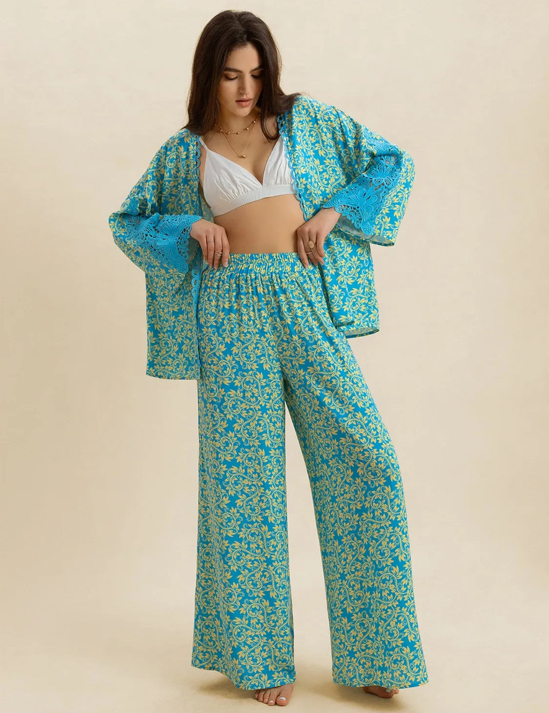 Teal Open Front Printed Top and Pants Set | Loungewear Sets Daverri Fashions