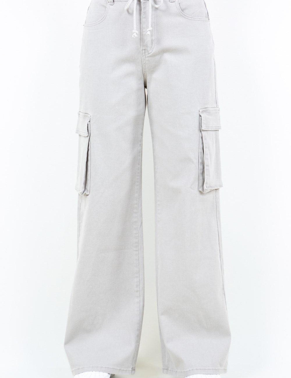 Light Gray American Bazi Drawstring Wide Leg Cargo Pants | Pants Daverri Fashions