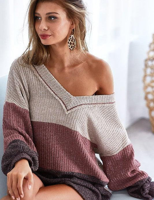 BiBi Color Block Out Stitching V-Neck Knit Top | Tops Daverri Fashions