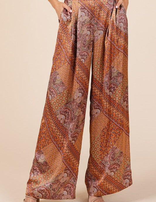 Hazelnut Mittoshop Paisley Patchwork Print Satin Wide Leg Pants | Pants Daverri Fashions