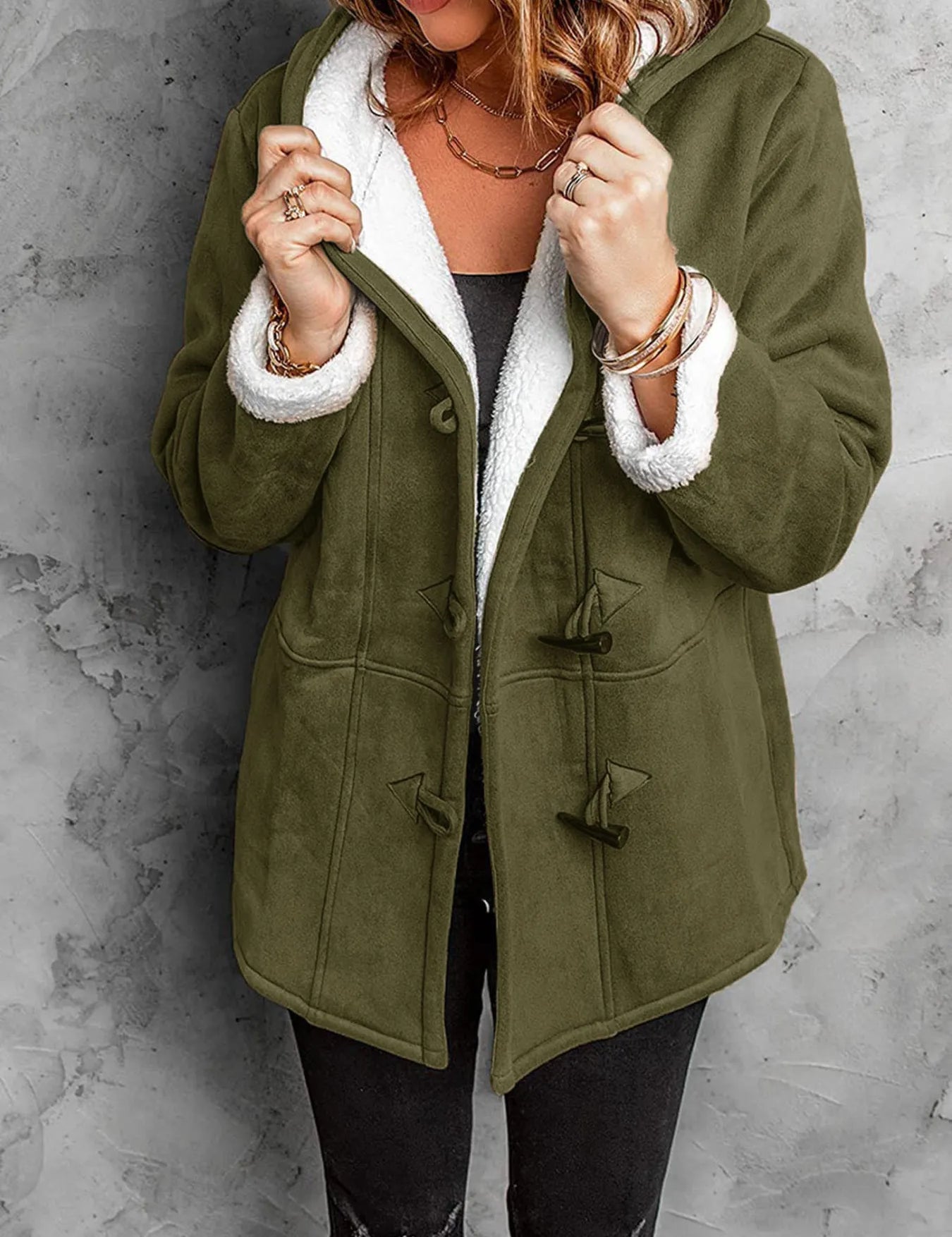 Army Green Full Size Cozy Sherpa Lined Toggle Coat with Hood Plus Size | Coats Daverri Fashions