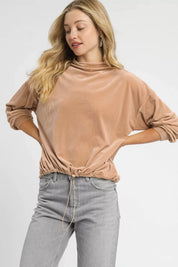 TAN Umgee Ribbed Drawstring Hem Knit Top | Daverri Fashions